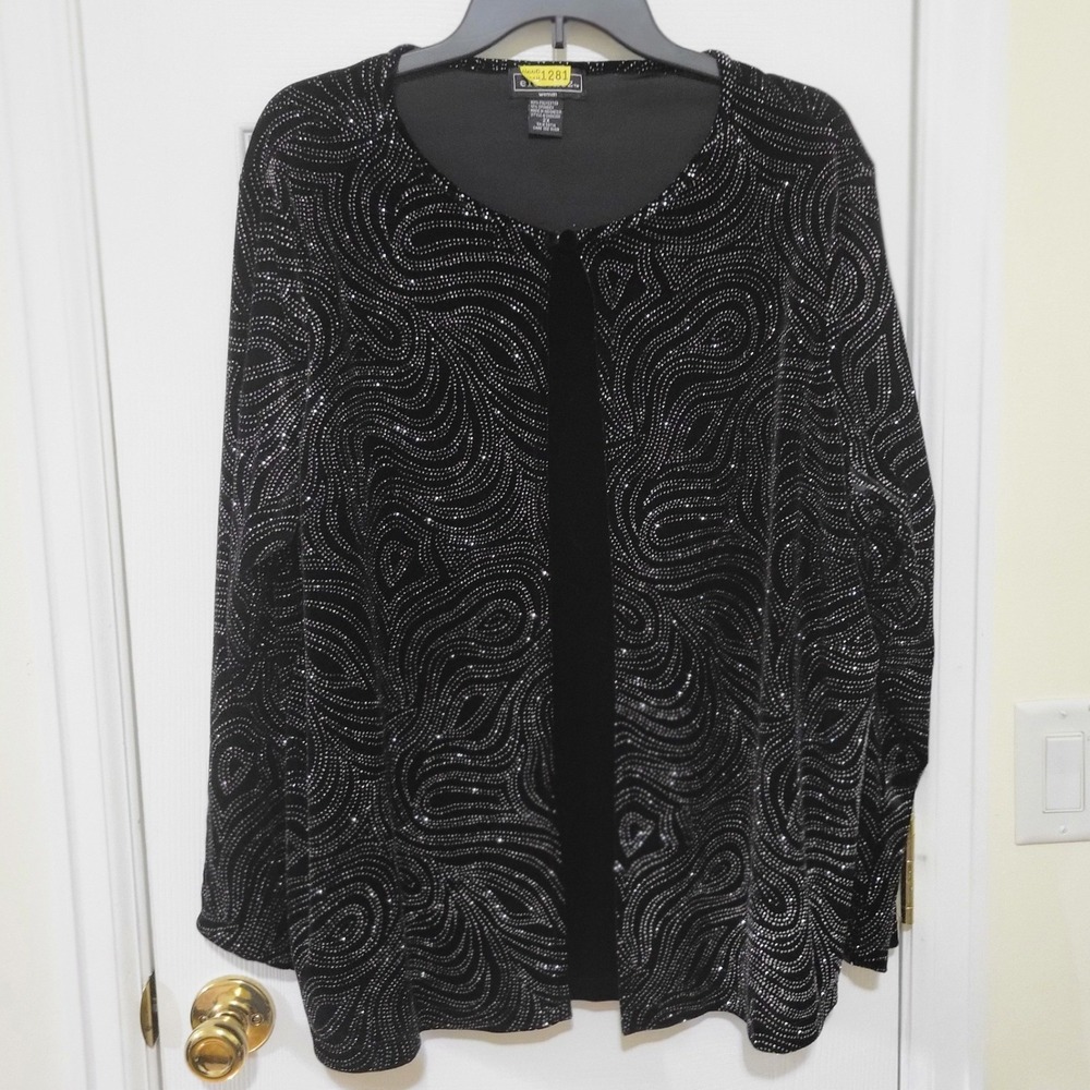 Elementz Woman Black Velvet Glitter Swirl Open Front Top Faux Cardigan Jacket 2X
